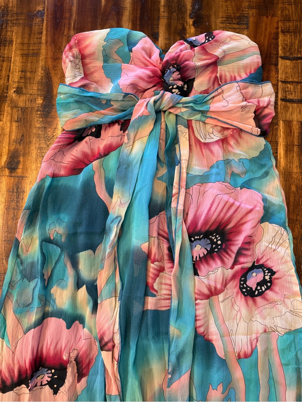 Spring/Summer women's strapless bandeau maxi dress. blue/pink floral flowy lined - Picture 2 of 10